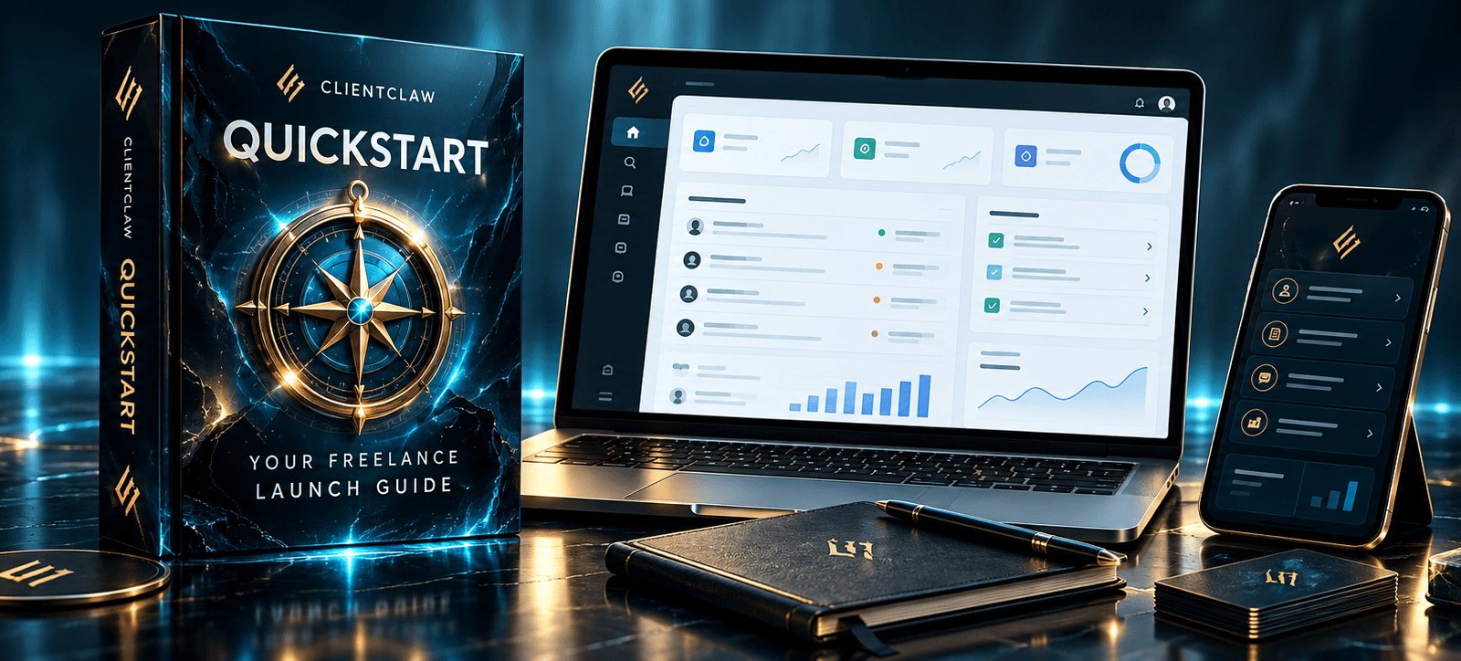 Quickstart kit with an open laptop